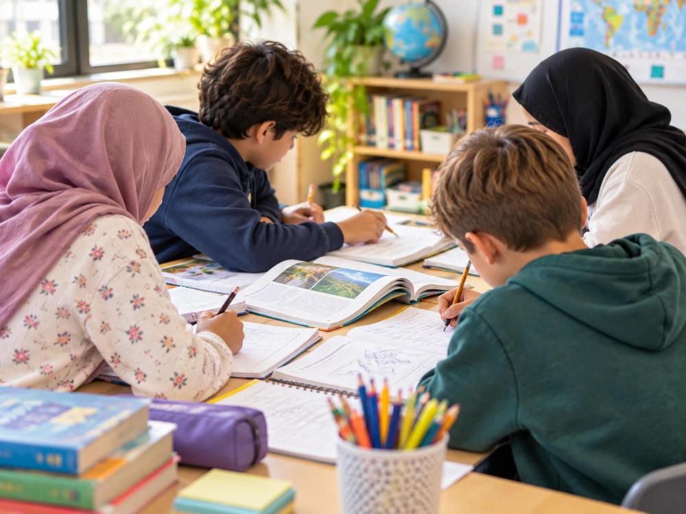 Pupils studying together in class